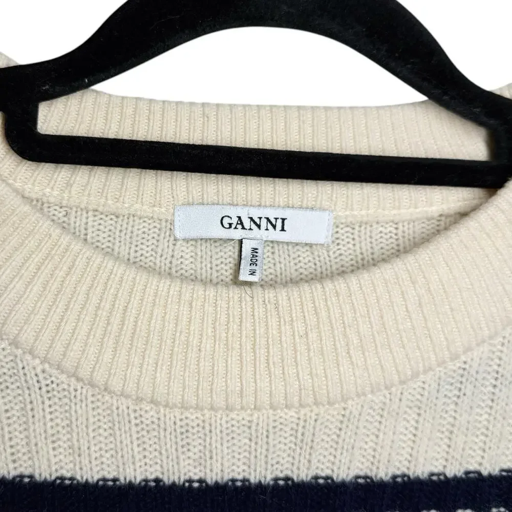 Ganni Cream Black Striped Ribbed Minimal Merino Wool Yak Mercer Sweater Medium